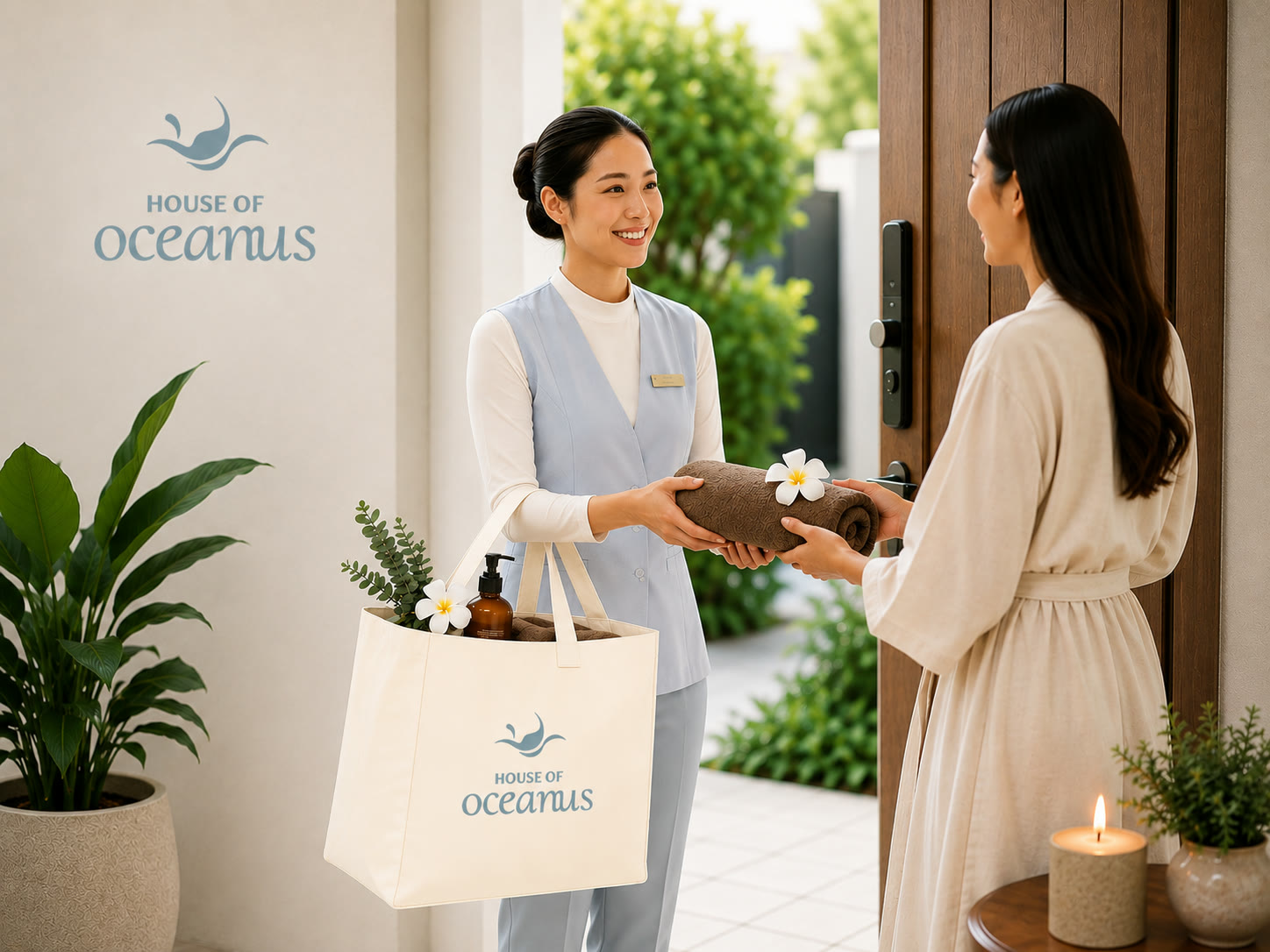 A House of Oceanus therapist arriving at a client's door with treatment supplies