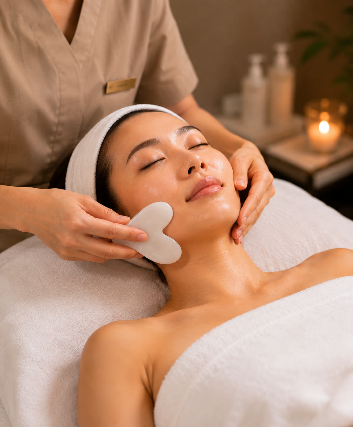 A therapist performing a lifting facial massage during a Radiance Facial Therapy treatment
