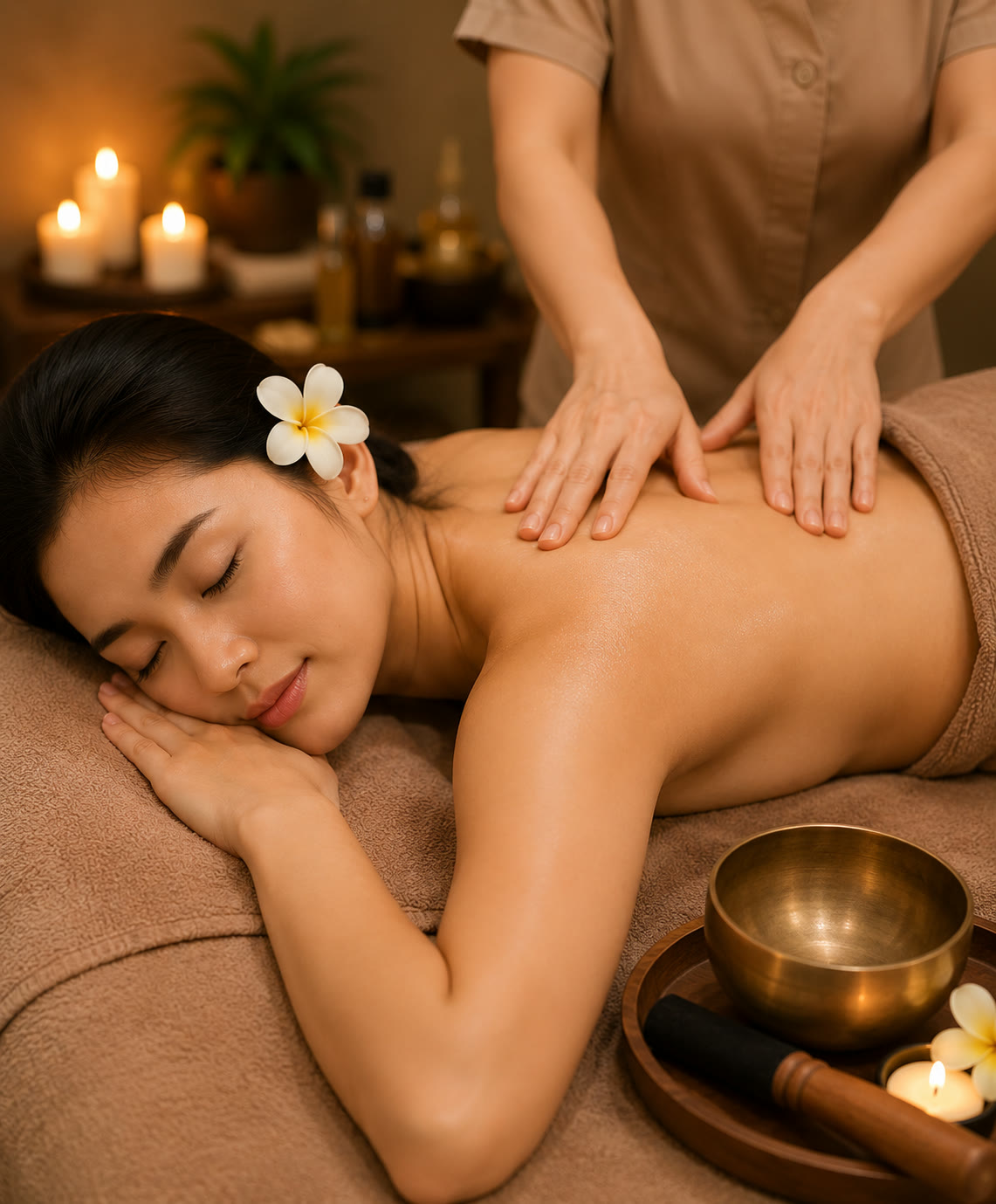 A therapist working across a guest's back during a Restorative Body Therapy massage
